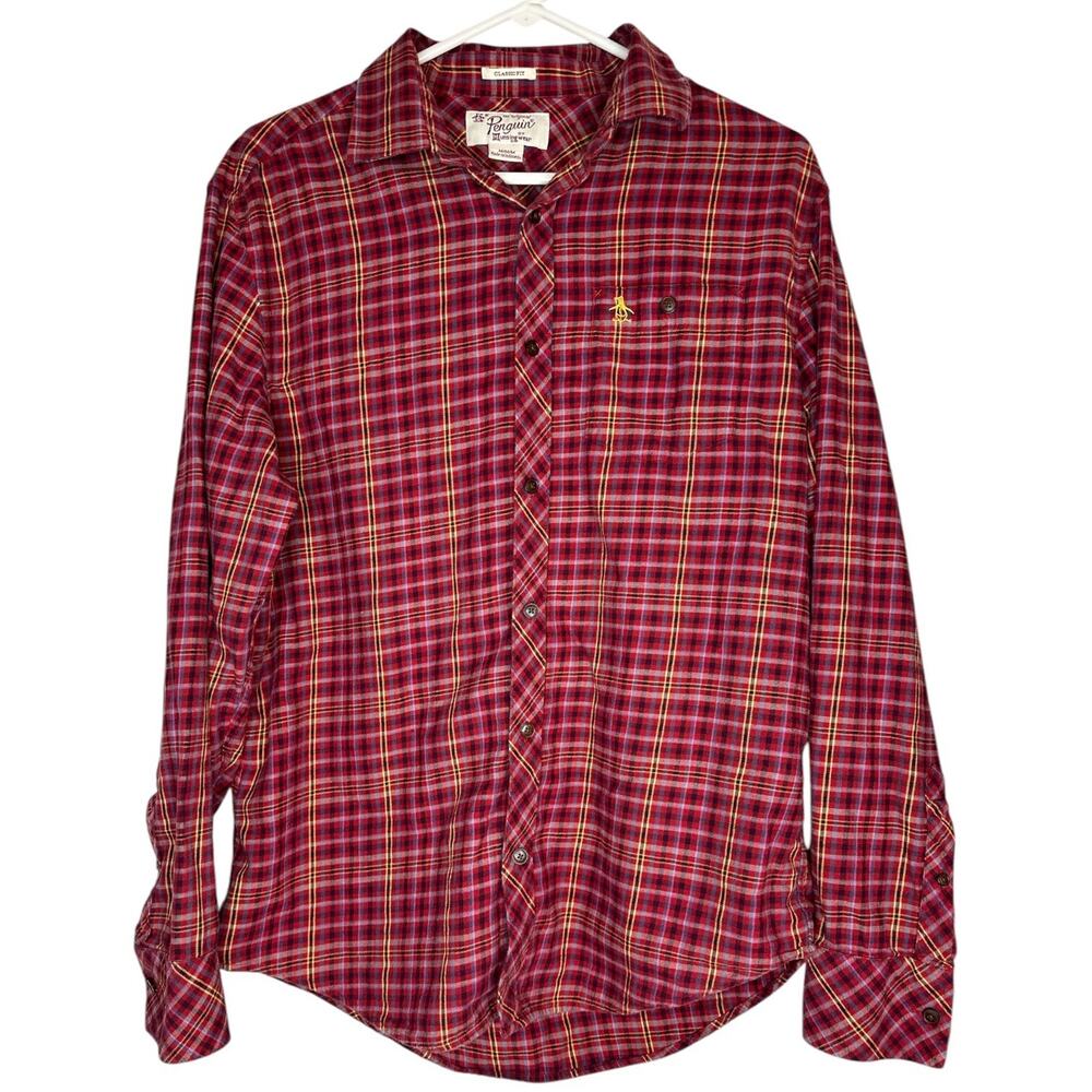 Penguin Shirt Men's Medium Red Plaid Button Down Long Sleeve Classic Fit